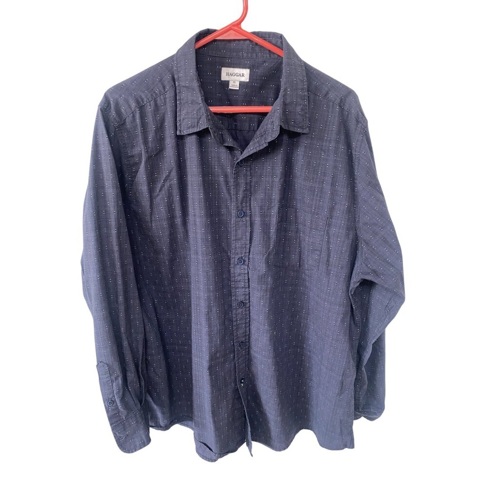 Haggar Men's XL Long Sleeve Button-Down Shirt Blue Chest Pocket
